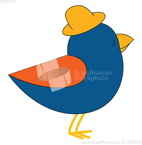 Image of Cartoon blue bird in a brown summer hat set isolated white backg