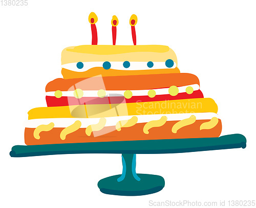 Image of A colorful decorated cake mounted on a stand with three glowing 