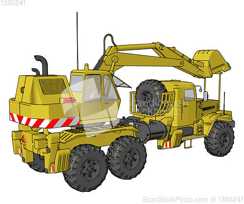 Image of 3D vector illustration of yellow big excavator machine on white 