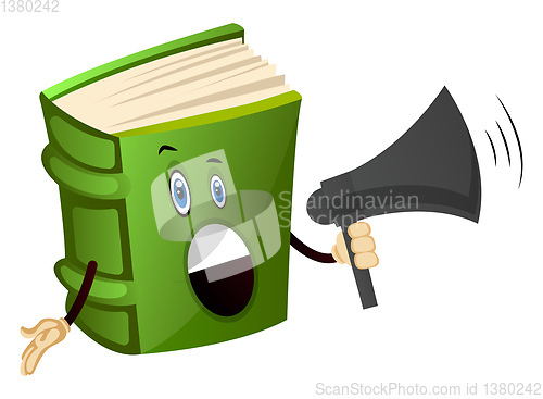 Image of Green book talking on megaphone, illustration, vector on white b