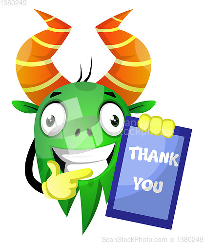 Image of Monster with thank you board, illustration, vector on white back