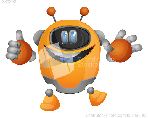 Image of Orange cartoon robot with tumb up illustration vector on white b