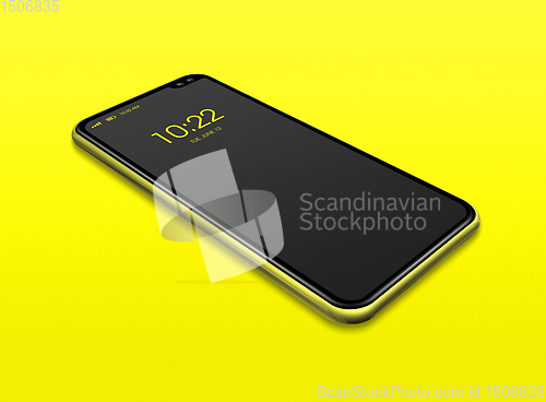 Image of All-screen black smartphone mockup isolated on yellow. 3D render