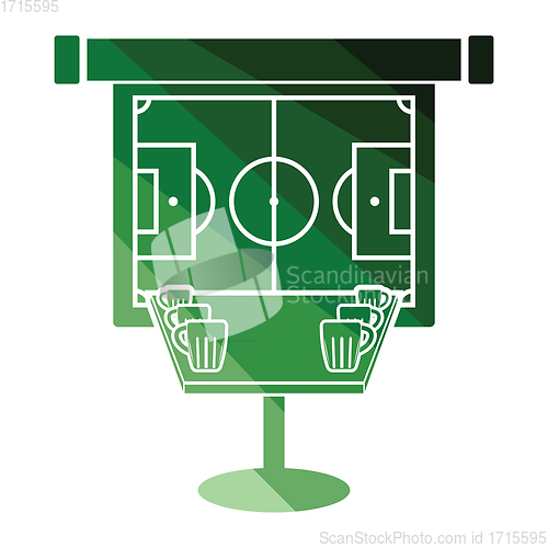 Image of Sport bar table with mugs of beer and football translation on pr