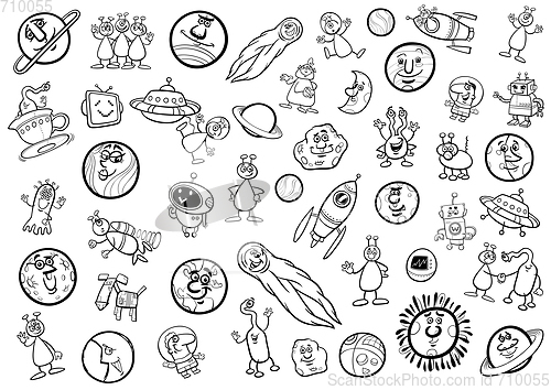 Image of space cartoon set coloring page