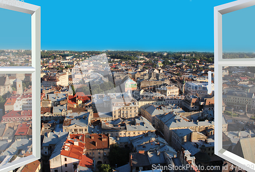 Image of modern window with view of Lviv from above