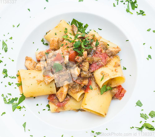 Image of Italian Paccheri pasta  with Swordfish