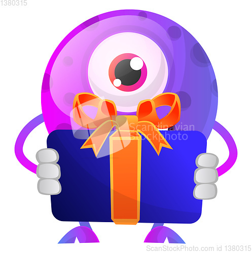 Image of Purple monster holding a gift pack illustration vector on white 