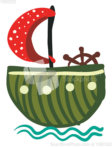 Image of Green round boat with red polka dot sail vector or color illustr