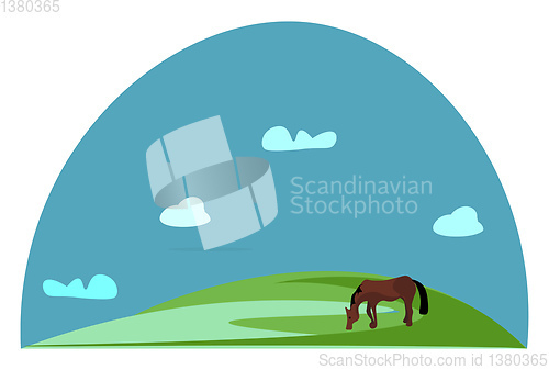 Image of Portrait of a grazing brown horse in green grasslands vector or 