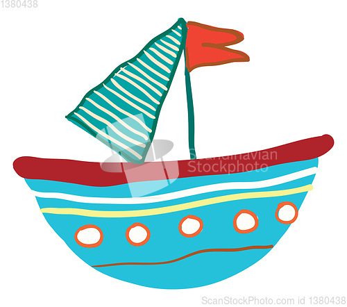 Image of Blue small boat with red flag vector or color illustration