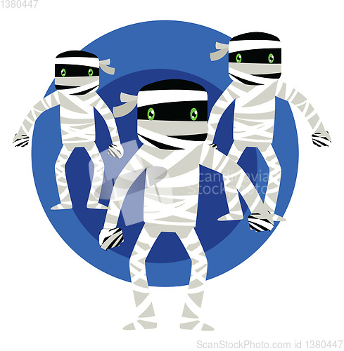 Image of Vector illustration of three mummies  in a blue circle on white 