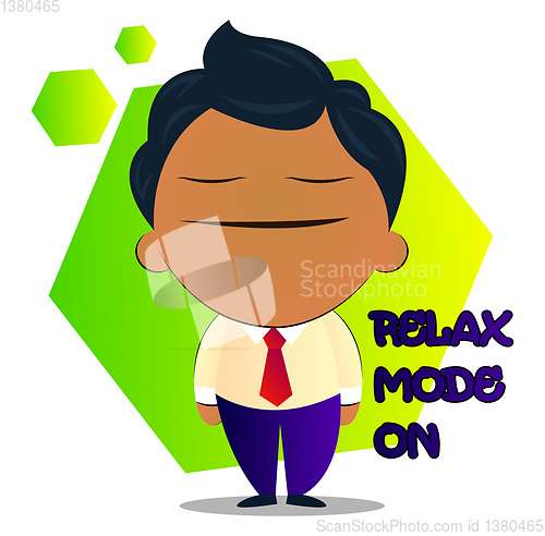 Image of Boy in a suit with curly hair says relax mode on, illustration, 