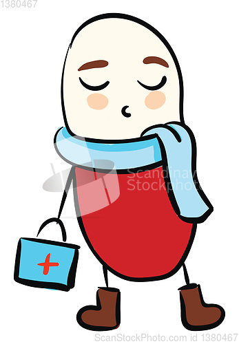 Image of Cute vector illustration of a red medical pill wearing a suitcas