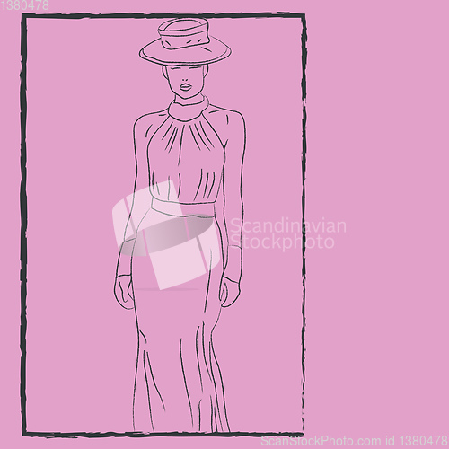 Image of Woman wearing a fashionable dress and hat vector or color illust