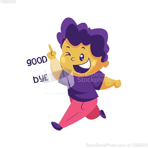 Image of Boy with purple hair saying Goodbye vector sticker illustration 