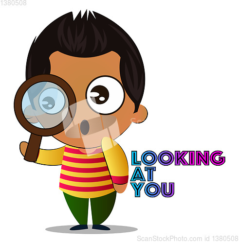 Image of Boy is looking trough magnifying glass, illustration, vector on 