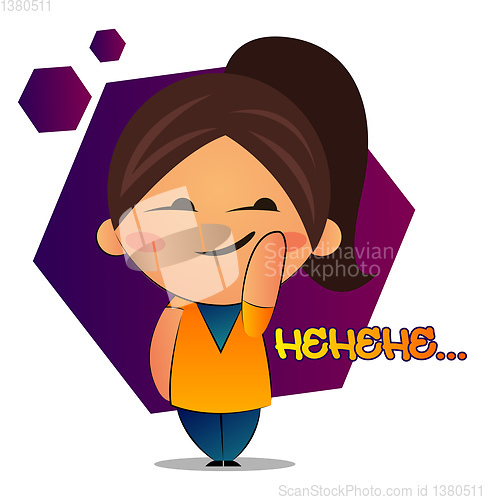 Image of Girl with brown ponytail says hehehe, illustration, vector on wh