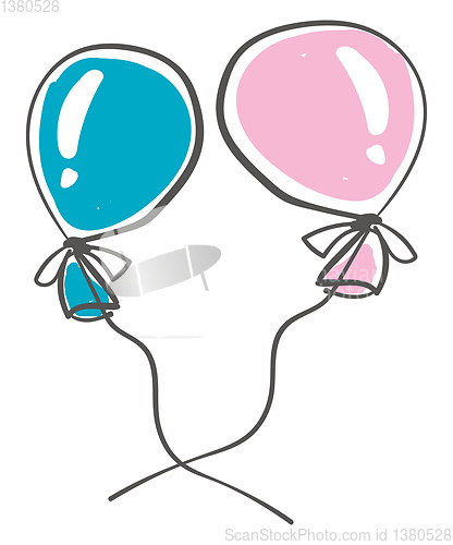 Image of Two blue and pink colored balloons tied to individual strings in