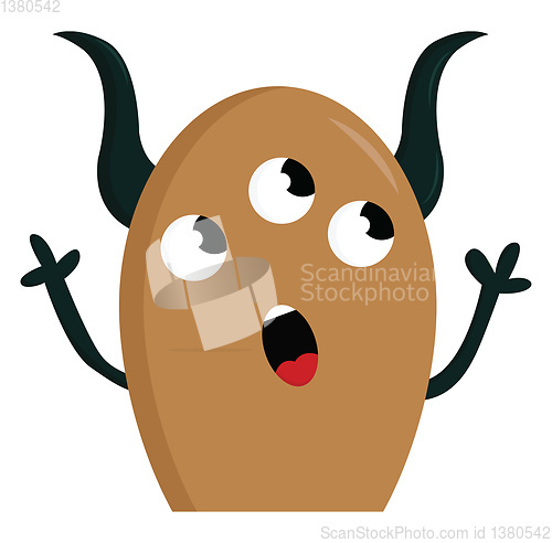 Image of Brown monster with three eyes and black horns vector illustratio