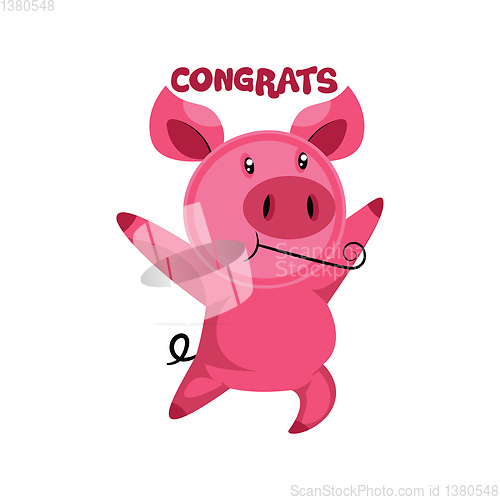 Image of Pink piggy dancing saying Congrats vector illustration on a whit