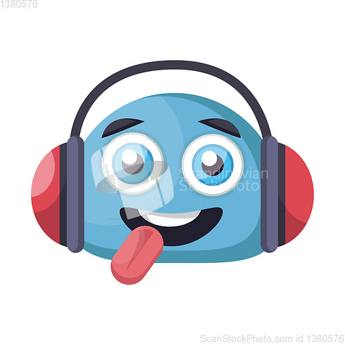 Image of Blue happy emoji face with headphones vector illustration on a w