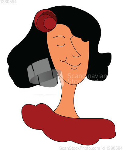 Image of Girl in red shirt with dark hair and red flower vector illustrat