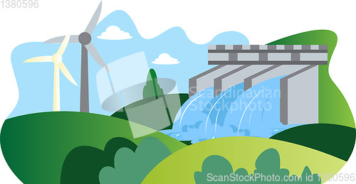 Image of Illutration of windmill and hydroelectric energy as a eco source