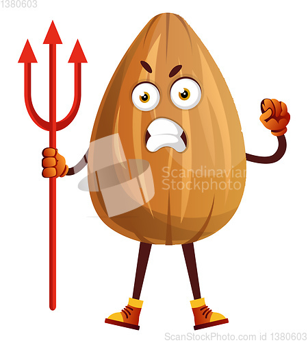 Image of Angry almond with red trident in his hand, illustration, vector 