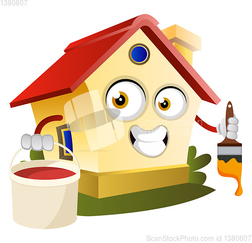 Image of House is holding paint brush and bucket, illustration, vector on