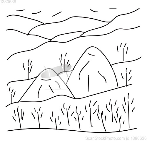 Image of Line art of trees and mountains vector or color illustration