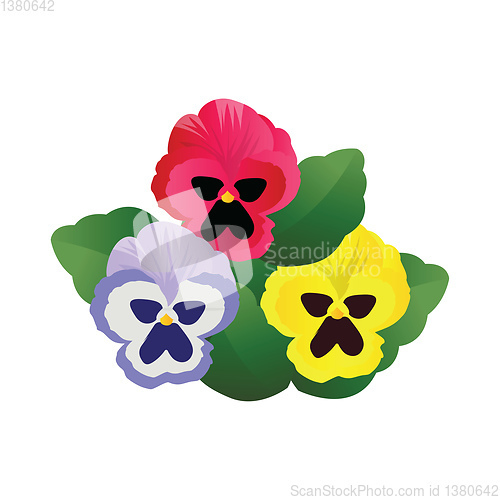 Image of Vector illustration of blue pink and yellow pansy flowers with g