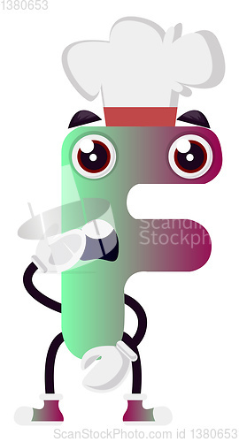 Image of Light green letter F with chef hat vector illustration on white 
