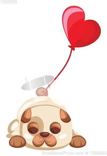 Image of Brown and white puppy laying with a big red balloon tied on his 