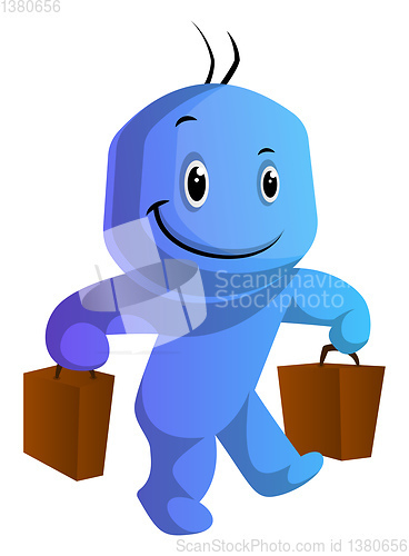 Image of Happy blue cartoon caracter with bags illustration vector on whi