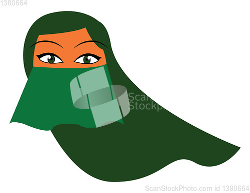 Image of A woman with her head and face covered with a green scarf burqa 