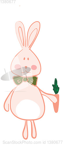 Image of A big eared hare with a green neck tie and holding a small carro