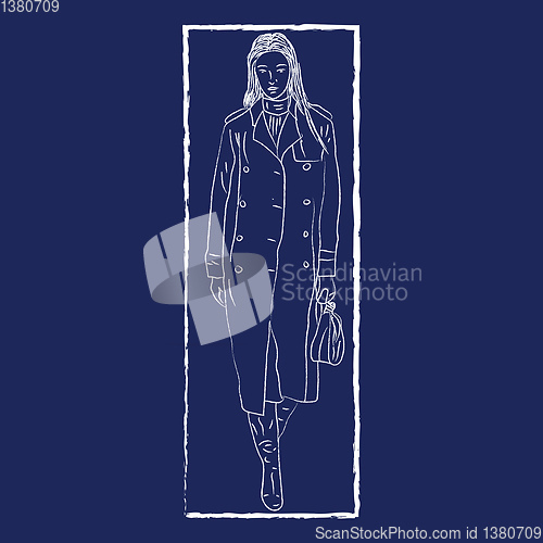Image of Line art of a woman wearing a stylish coat over blue background 