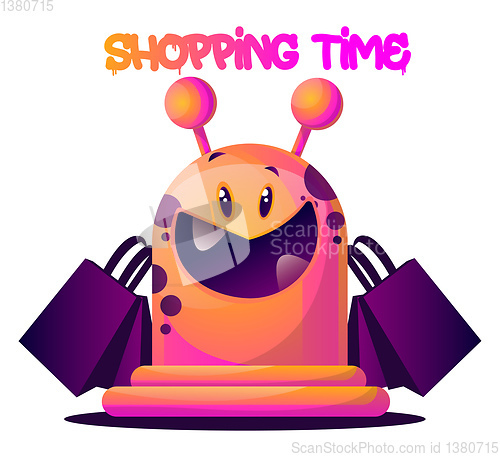 Image of Pink cartoon monster with shopping bags vector illustartion on w