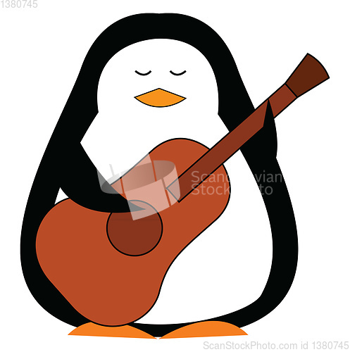 Image of Black and white penguine holding a brown guitar vector illustrat