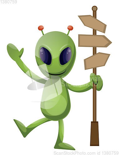 Image of Alien with roadsign, illustration, vector on white background.