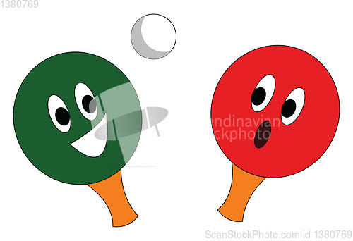 Image of A red and a green table tennis rackets  and a white ping pong ba