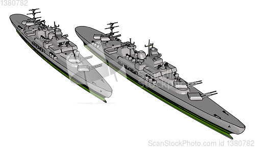 Image of 3D vector illustration of a two long grey military ships on a wh