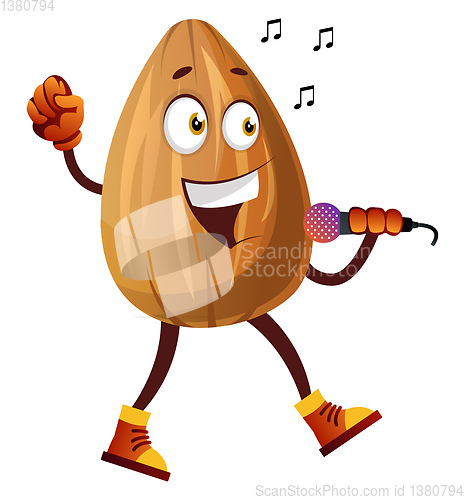 Image of Almond nut singing karaoke, illustration, vector on white backgr