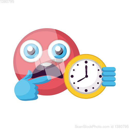 Image of Round pink frustrated emoji showing clock vector illustration on