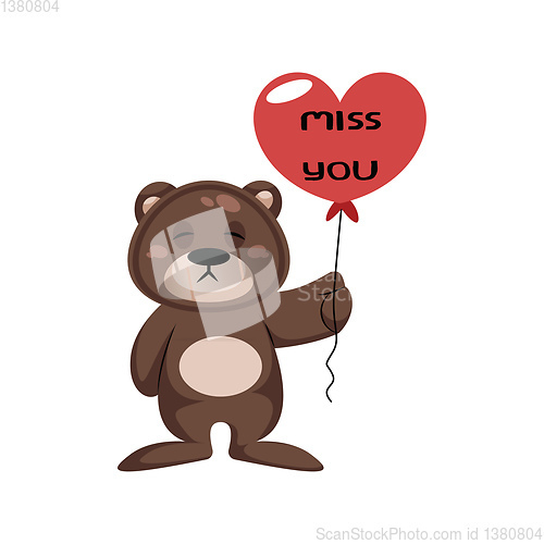 Image of Brown teddy bear holding heart shaped balloon saying Miss you ve