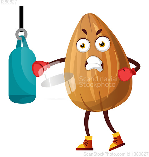 Image of Almond punching blue boxing bag, illustration, vector on white b