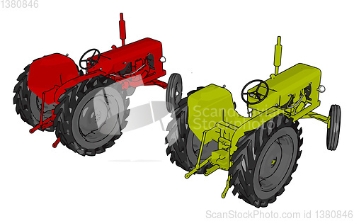 Image of Green and red tractors vector illustration on white background