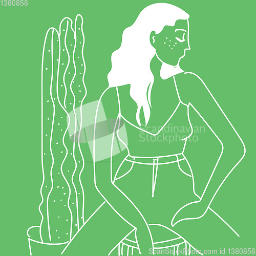 Image of Girl and cactus, vector or color illustration.