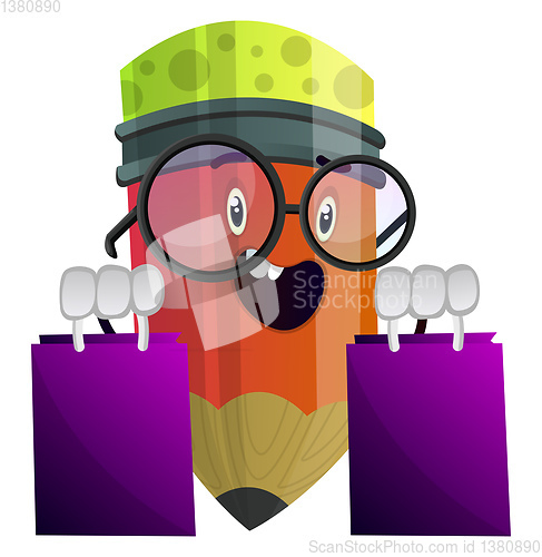 Image of Red pencil holding purple shopping bags illustration vector on w